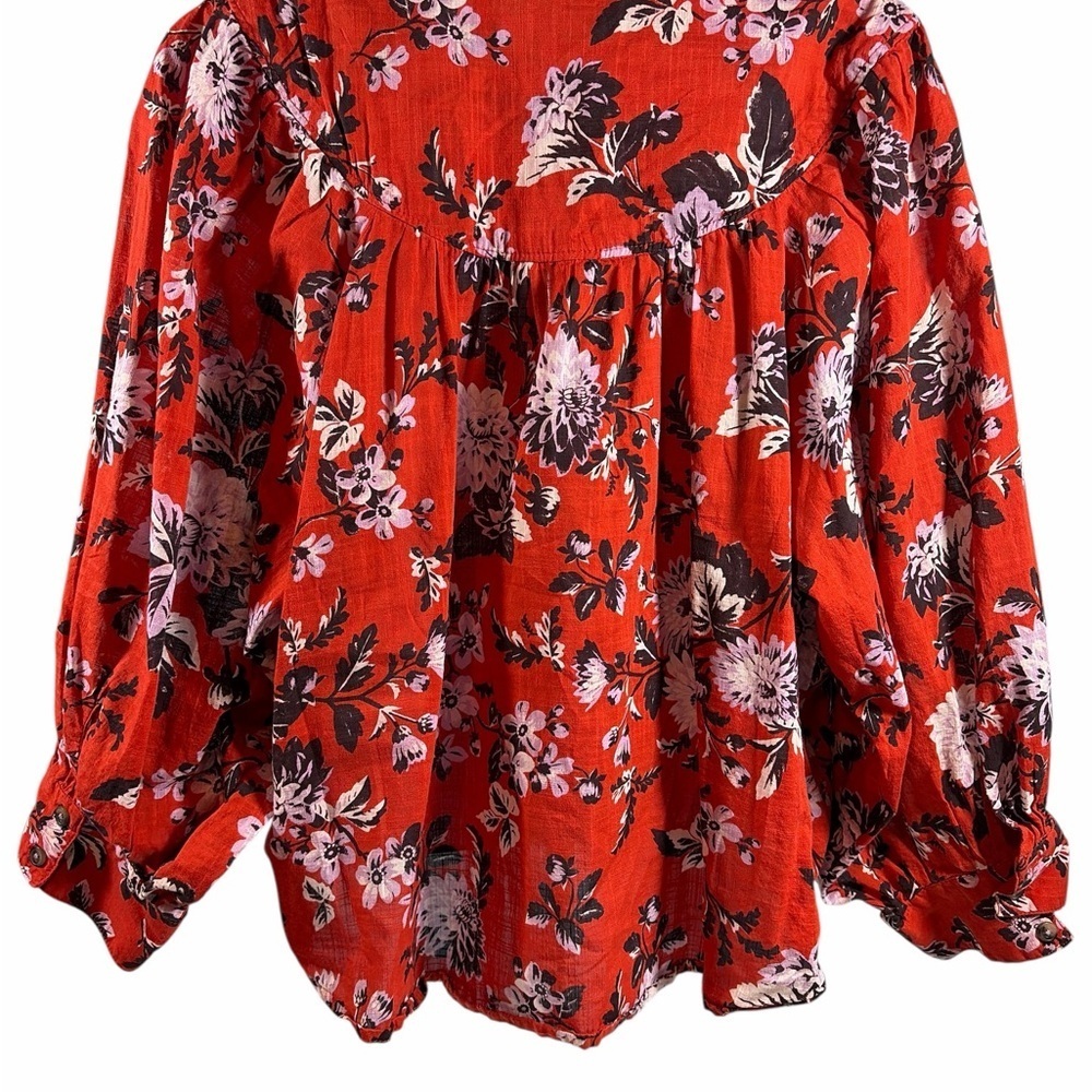 Maeve Anthropologie Top Womens Medium Red Cotton Floral Blouse Button Up - Picture 3 of 9
